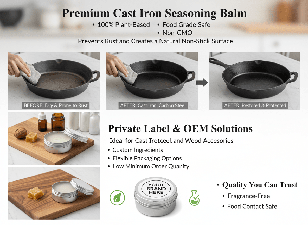 Private label cast iron seasoning oil for skillet conditioning and rust prevention