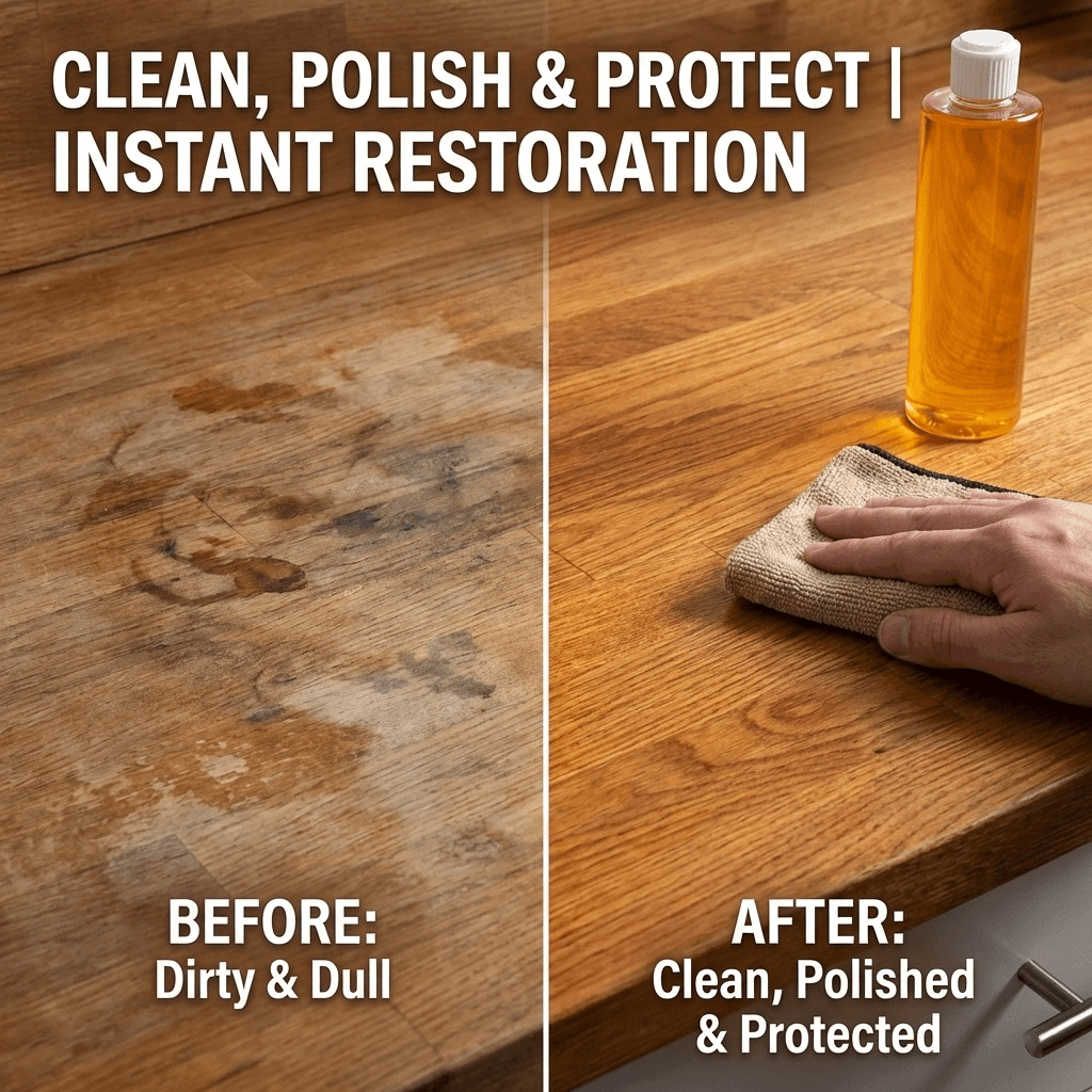 Orange oil wood polish applied while cleaning a wooden surface