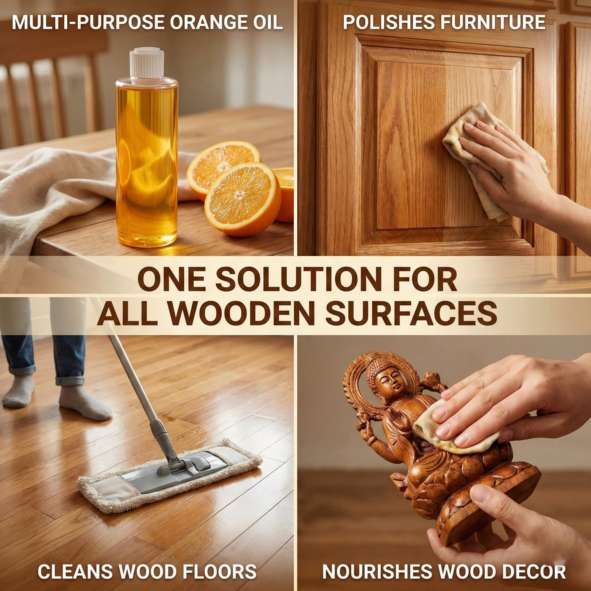 Removing grease from kitchen cabinets using orange oil cleaner.