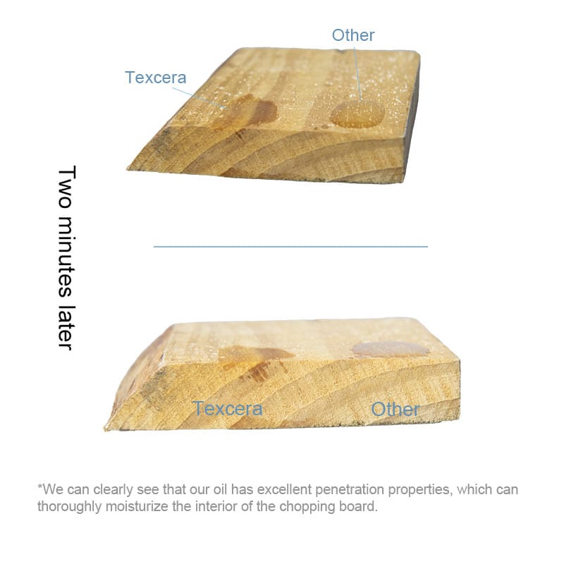 Deep penetration demonstration of food-grade cutting board oil on wood surface