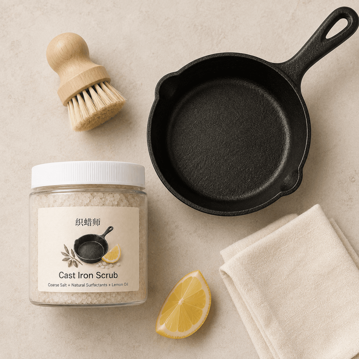 Cast iron scrub care kit with skillet brush and lemon