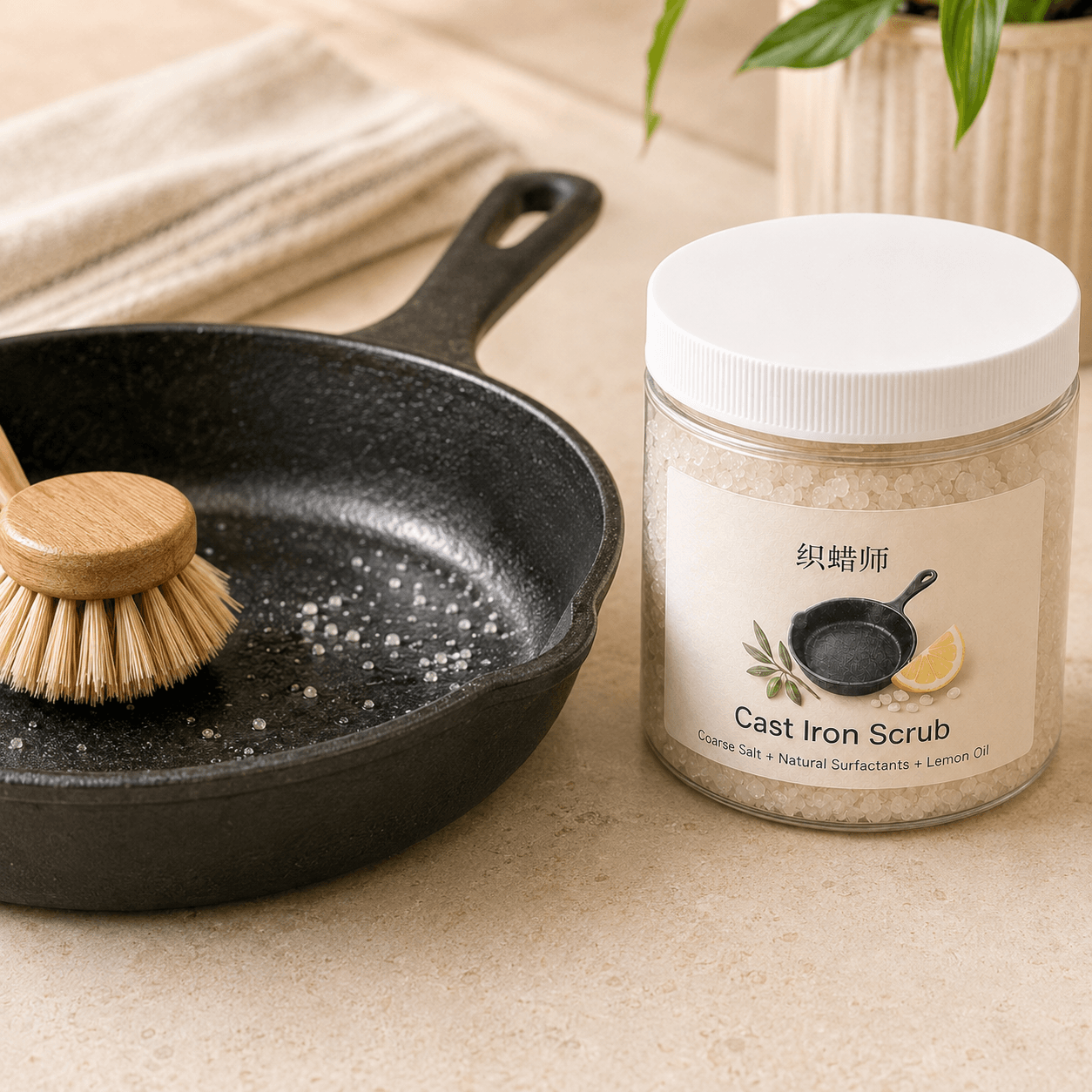 Cast iron scrub jar with skillet and natural cleaning brush