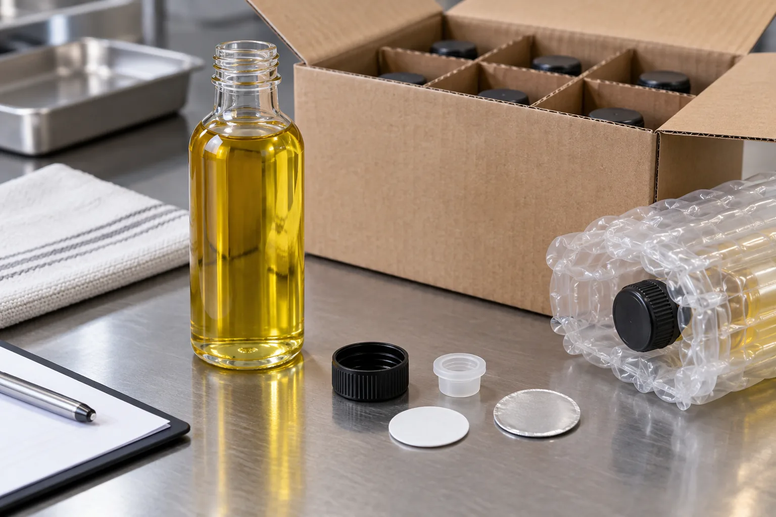 Leak-resistant packaging test for cutting board oil bottles