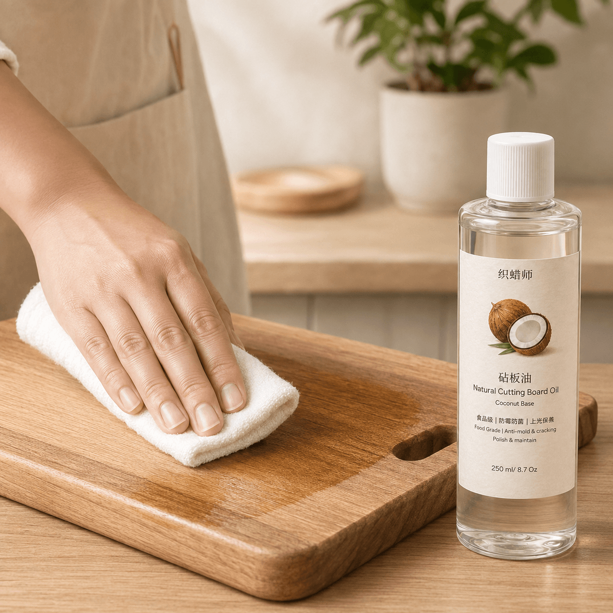 Applying natural cutting board oil with a cotton cloth