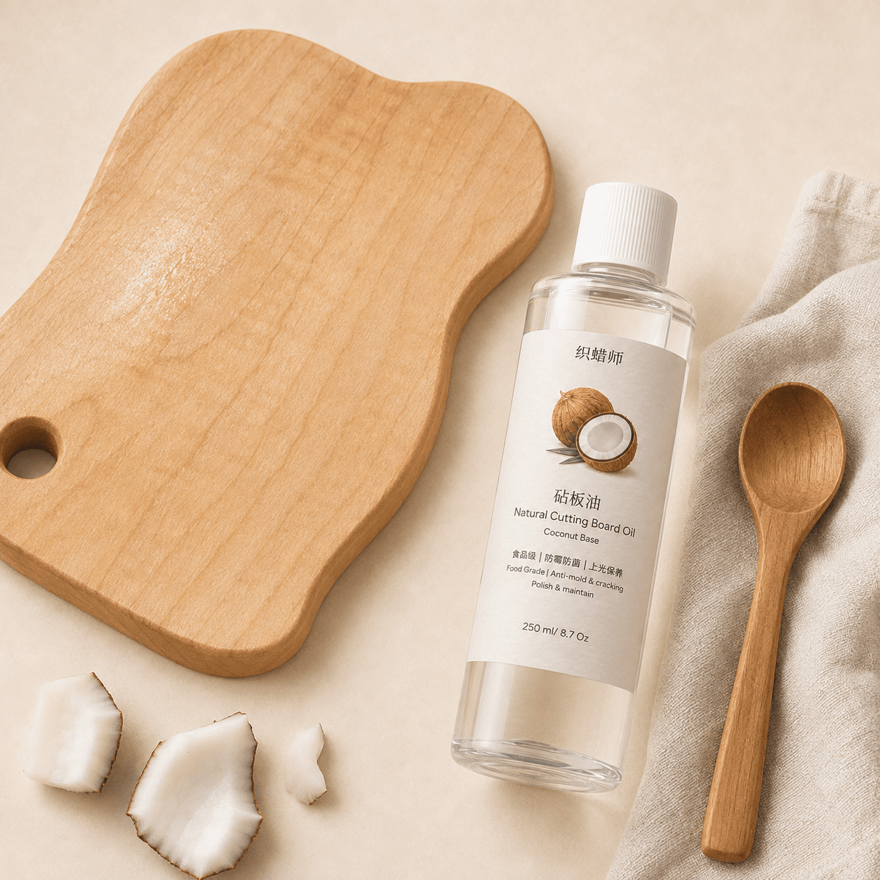 Natural cutting board oil with maple board and wooden spoon