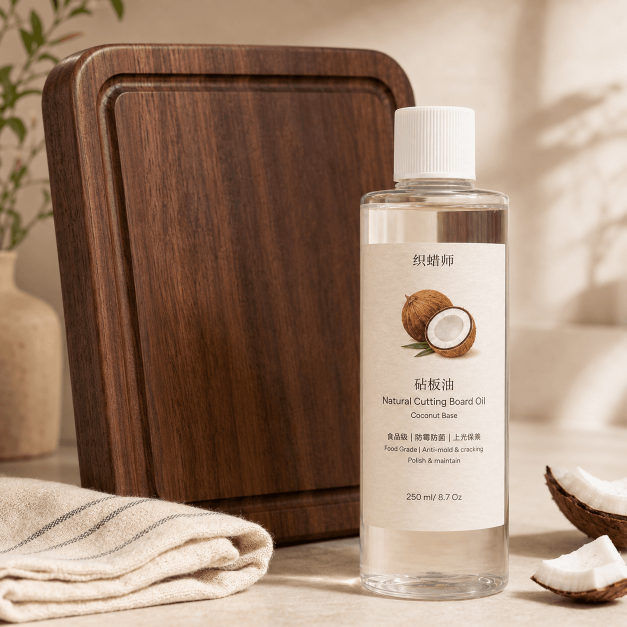 Natural cutting board oil bottle beside a conditioned walnut cutting board