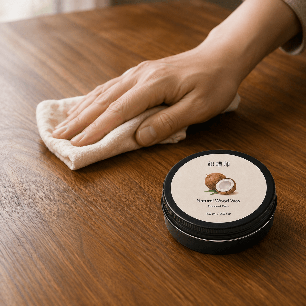 Applying natural wood wax to a wooden tabletop