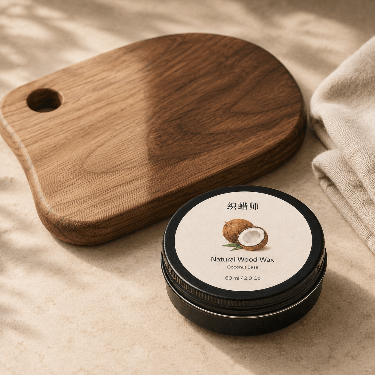 Natural wood wax tin beside a conditioned walnut board