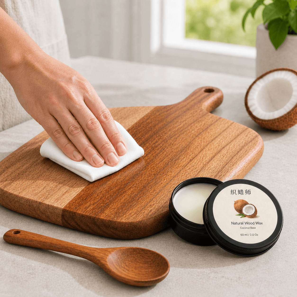 Natural wood wax applied to wooden kitchenware for protection and shine