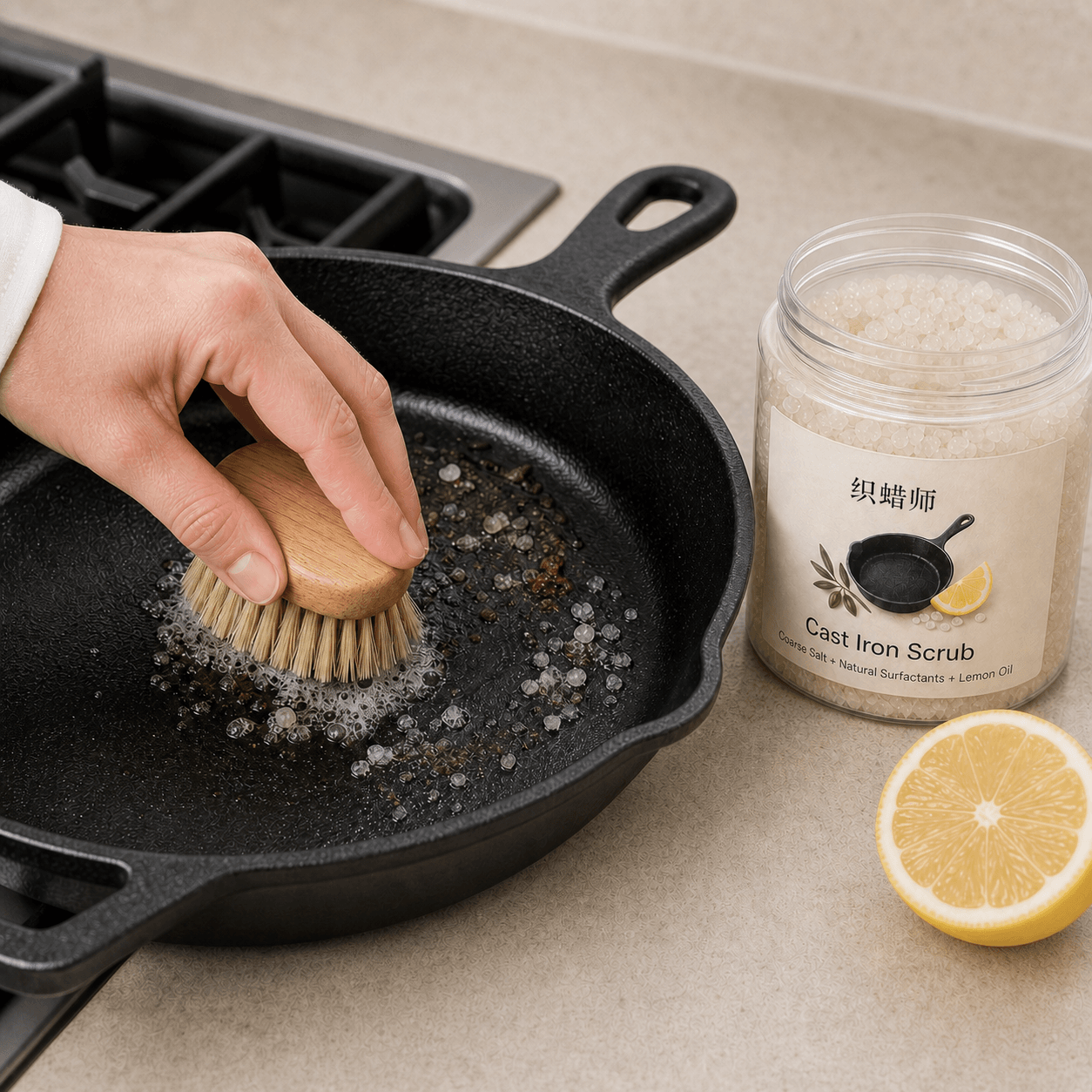 Cast iron scrub removing residue from a seasoned skillet