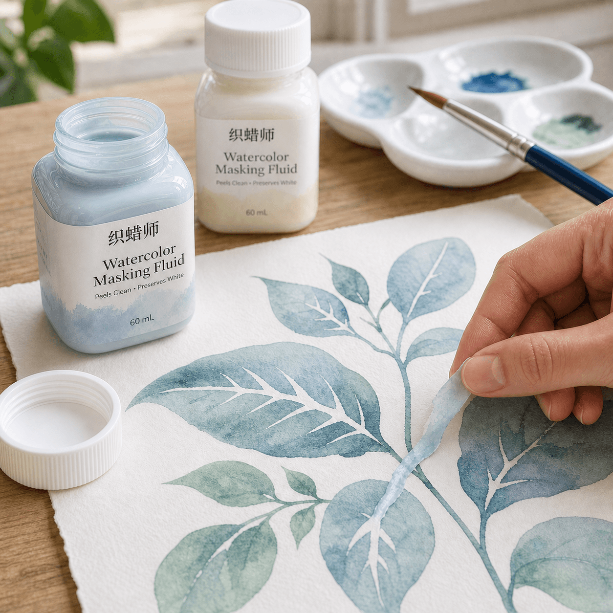 Watercolor masking fluid preserving white details during painting