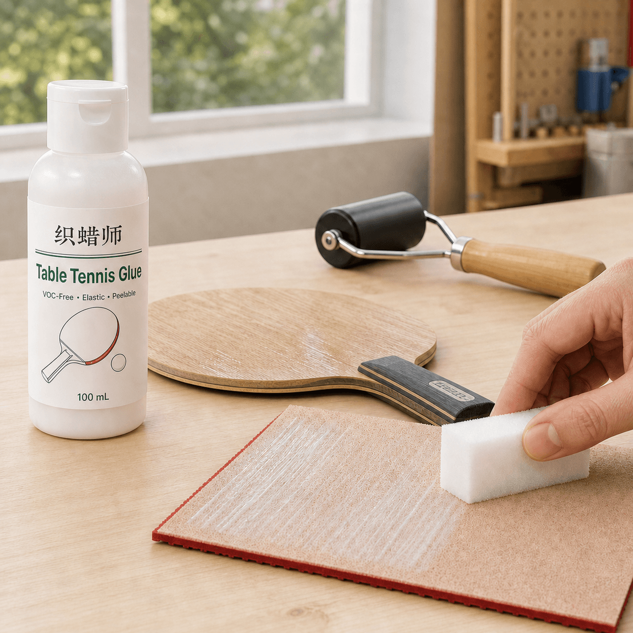 Table tennis glue applied while fitting rubber to a racket blade