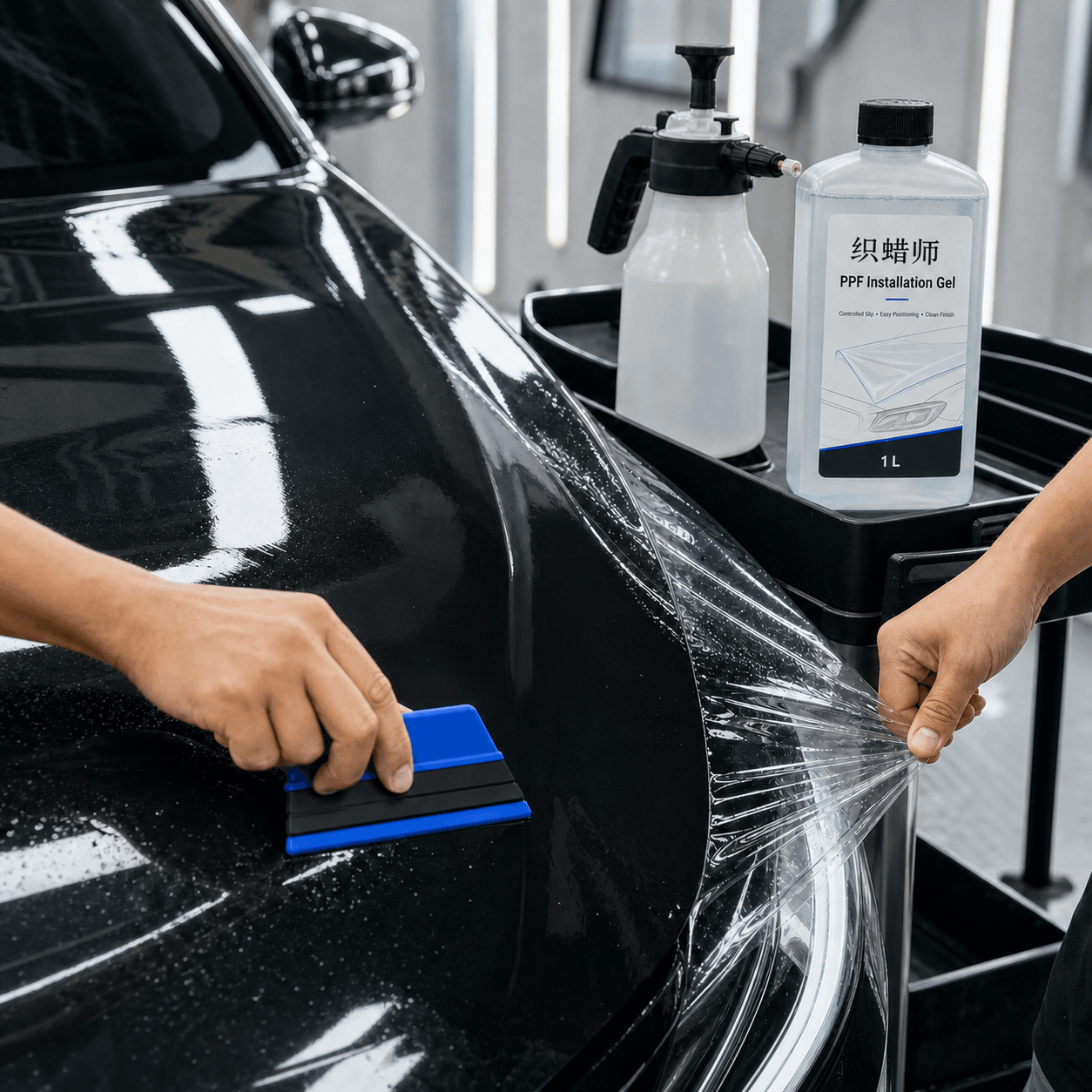 PPF installation gel used to position paint protection film on a car