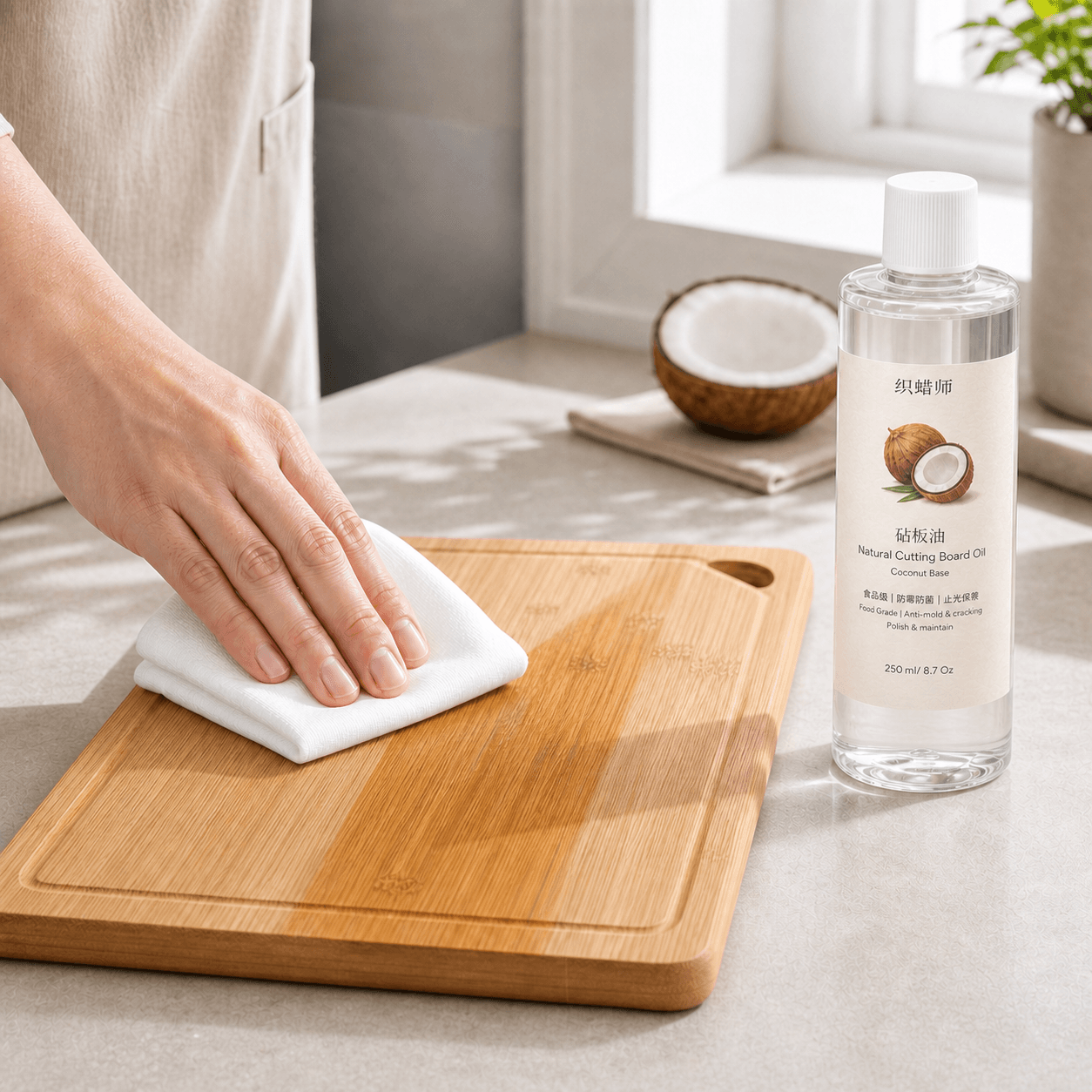 Natural cutting board oil applied to a wooden cutting board