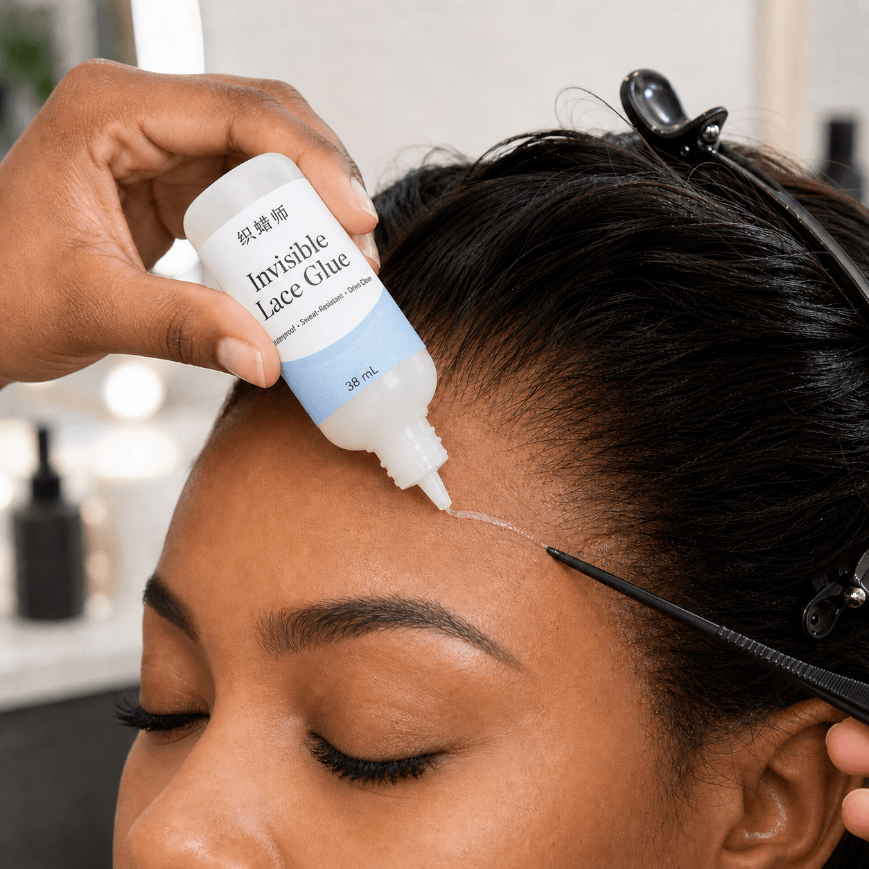 Invisible lace glue creating a clear hold along a wig hairline