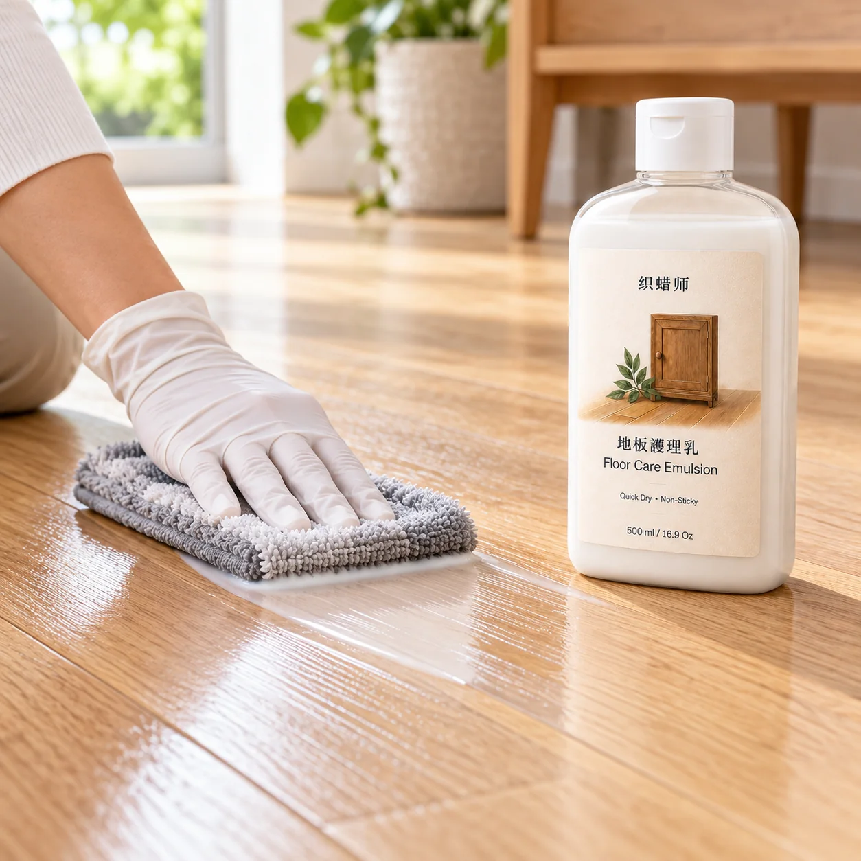 Floor care emulsion being applied with a microfiber pad