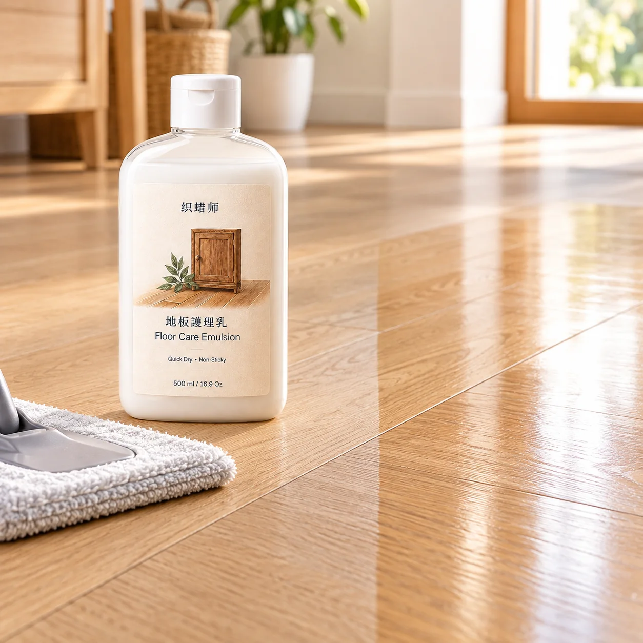 Private label floor care emulsion beside a finished oak floor