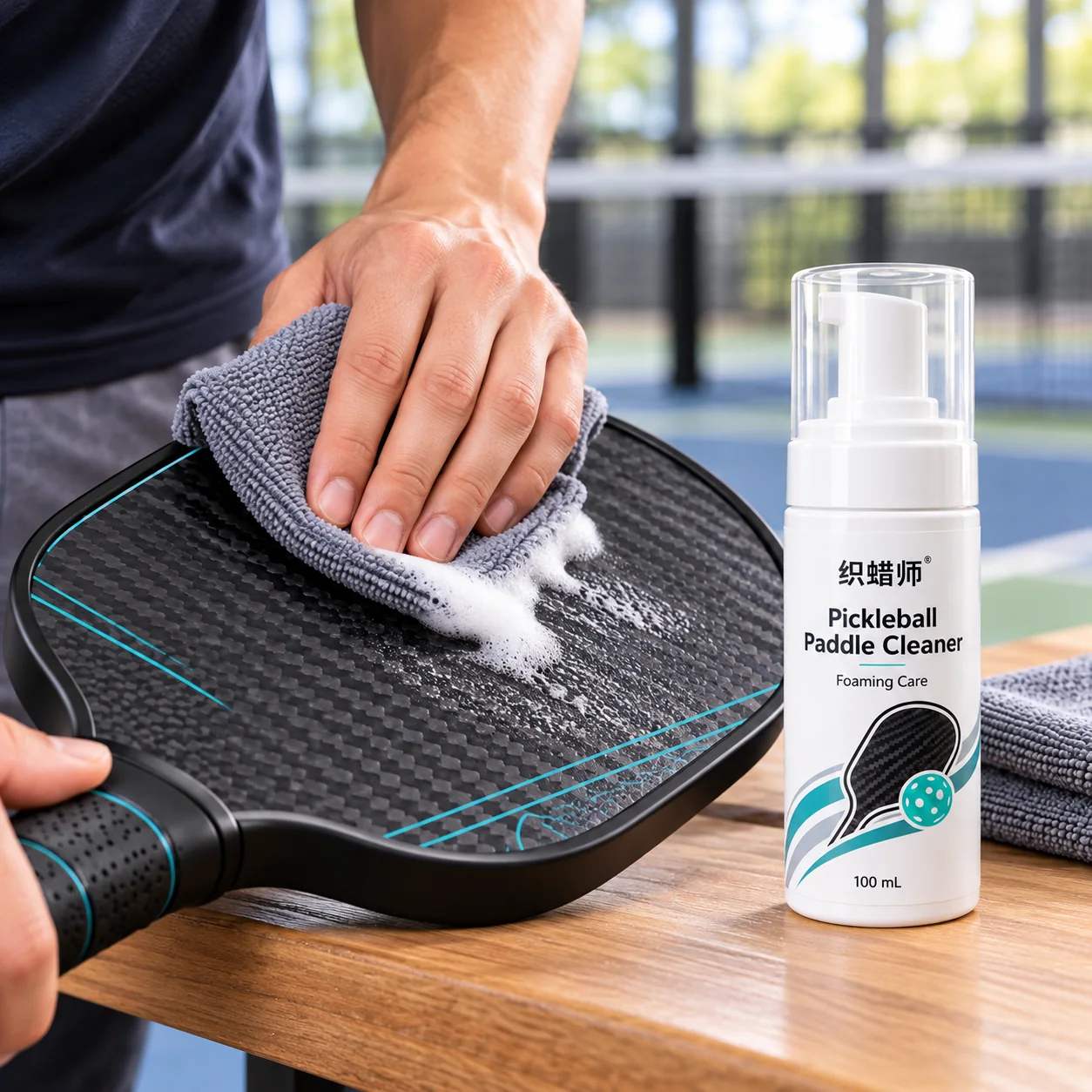 Pickleball paddle cleaning foam applied with a microfiber cloth
