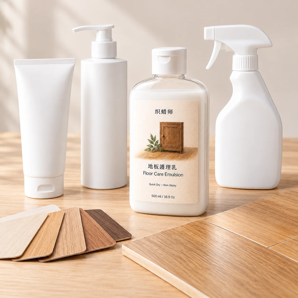 Private label floor care packaging options and wood samples