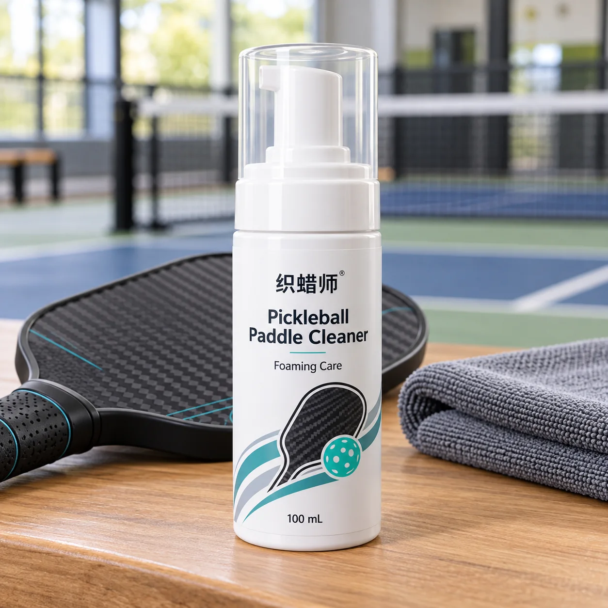 Private label pickleball paddle cleaner in a 100ml foam pump bottle